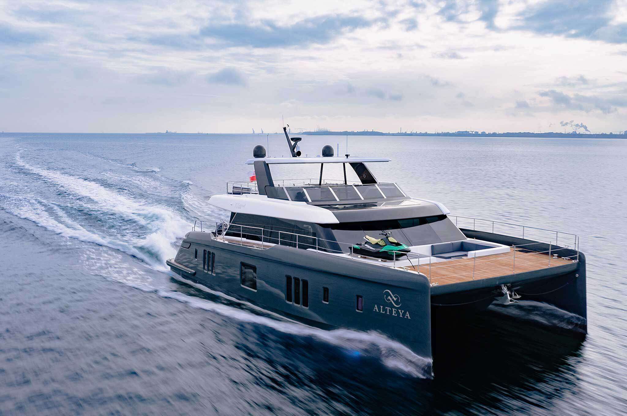 ALTEYA luxury Sunreef Power 70 catamaran cruising at speed in the Mediterranean
