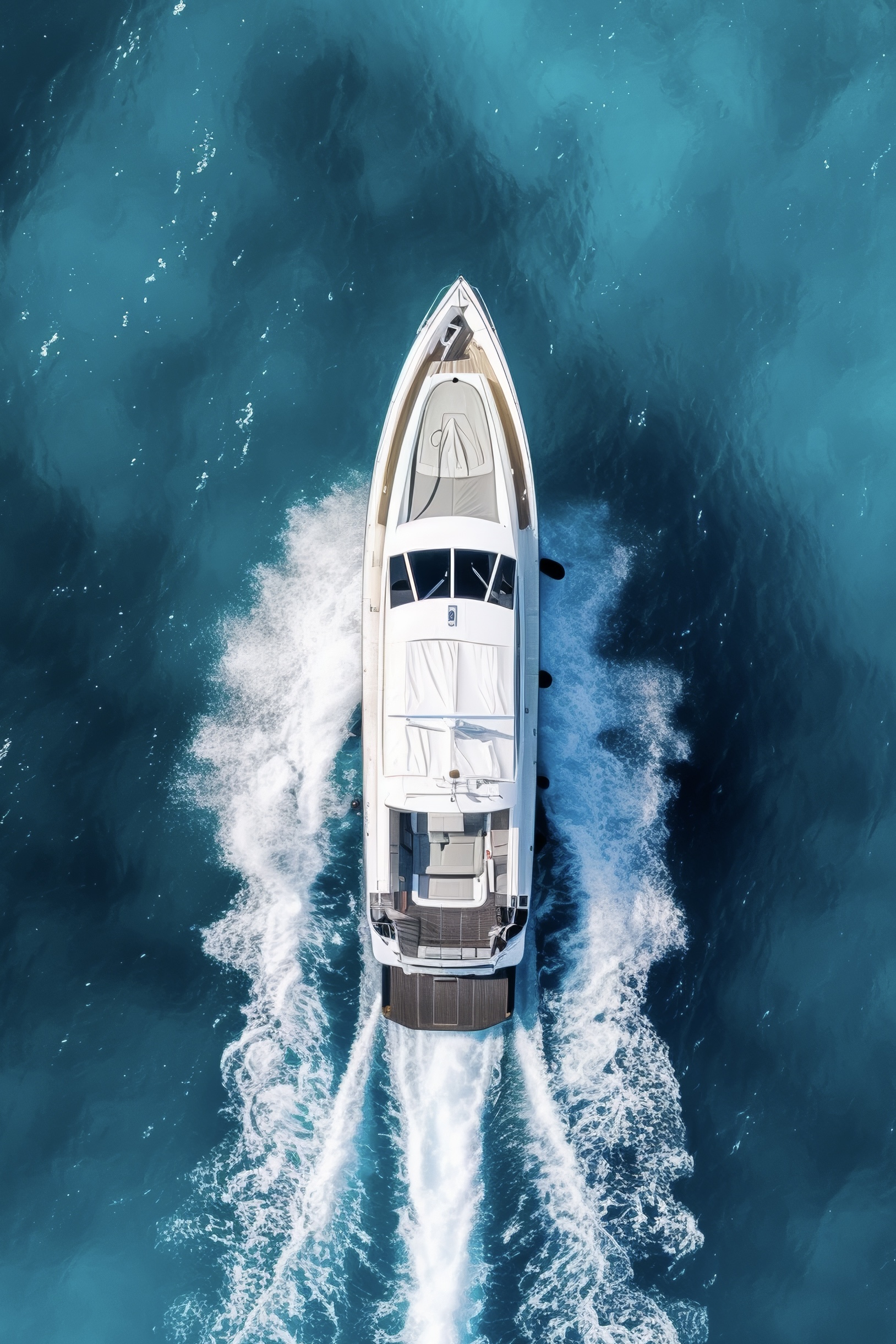 Luxury motor yacht captured from above cruising through turquoise waters, leaving a white wake.