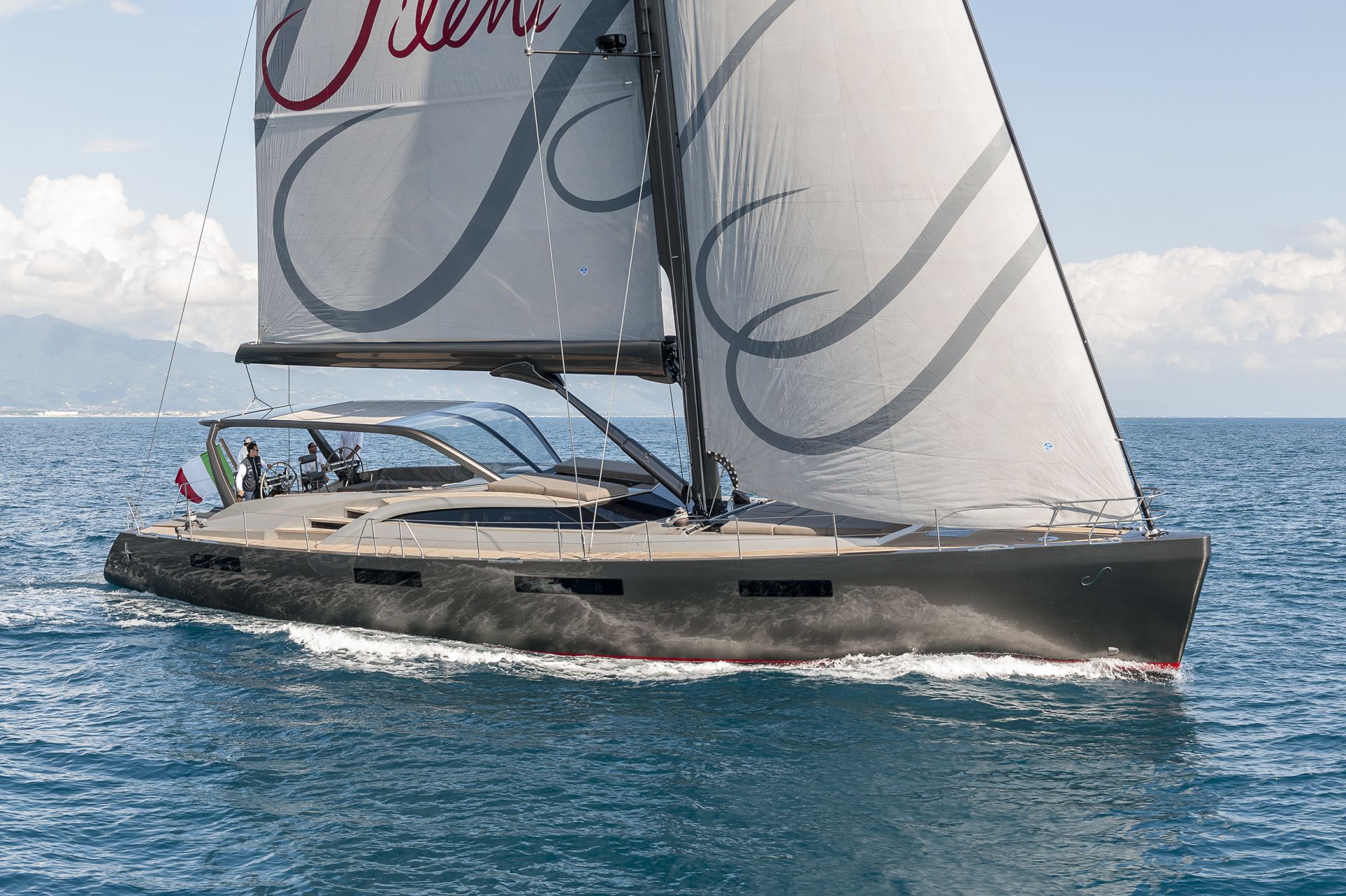 Modern sailing yacht GIGRECA gliding across open waters with sleek lines and luxury design